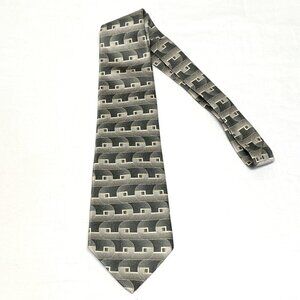 Pierre Cardin Silk Tie Art Deco Style Block and Swirl Pattern Classic Grey Gold